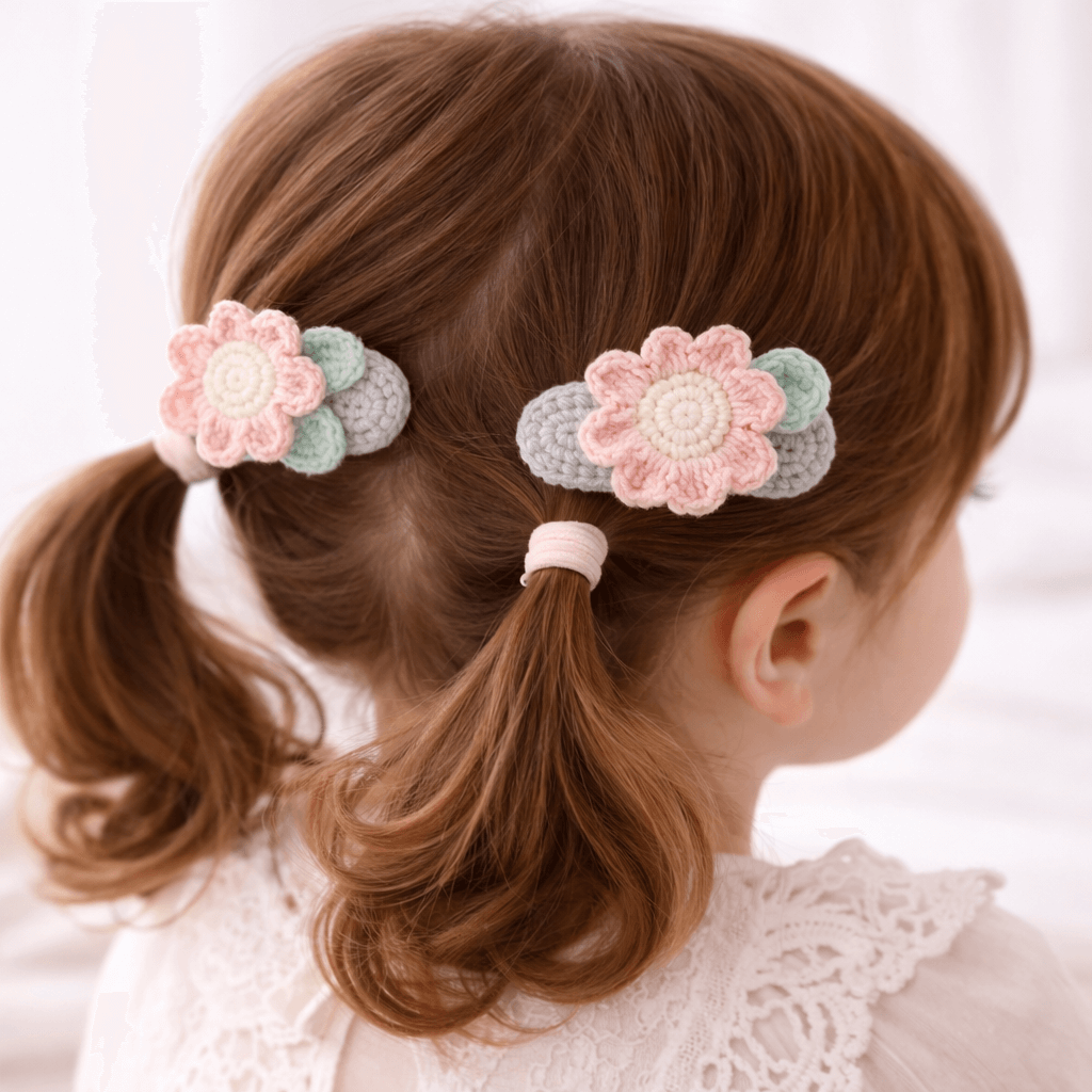 Χειροποίητα Πλεκτά Τσιμπιδάκια Μαλλιών «Pastel Flowers» (Σετ 2 τεμ.)-Happy Love Creation