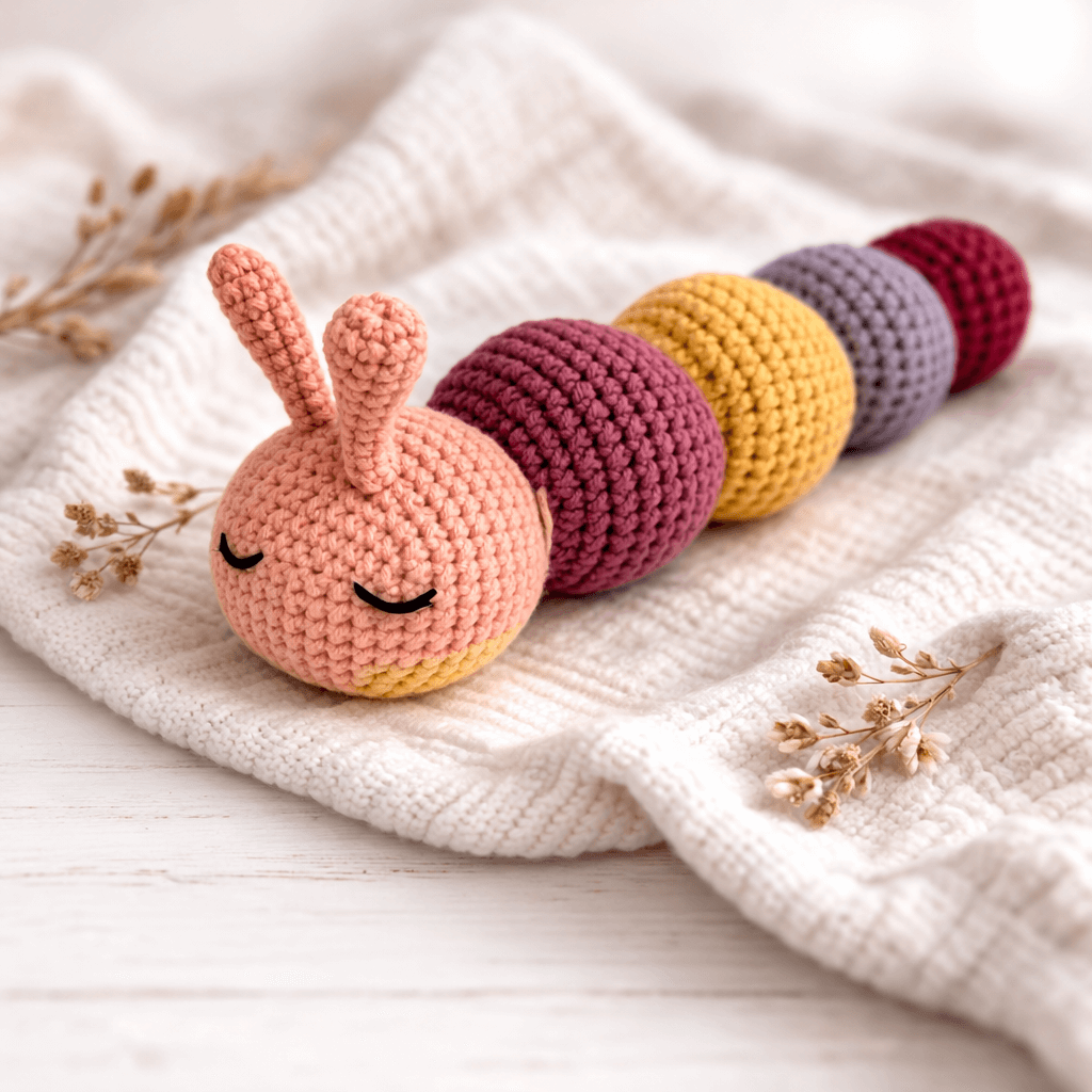 Χειροποίητη Πλεκτή Κουδουνίστρα Κάμπια Amigurumi | Happy Love Creation