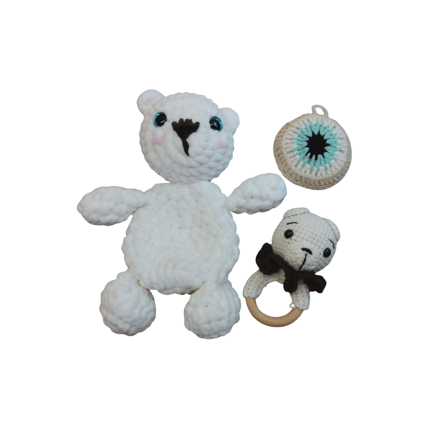 Little Love Set – Snow Bear | Χειροποίητο σετ δώρου νεογέννητου με νάνι, κουδουνίστρα & φυλαχτό