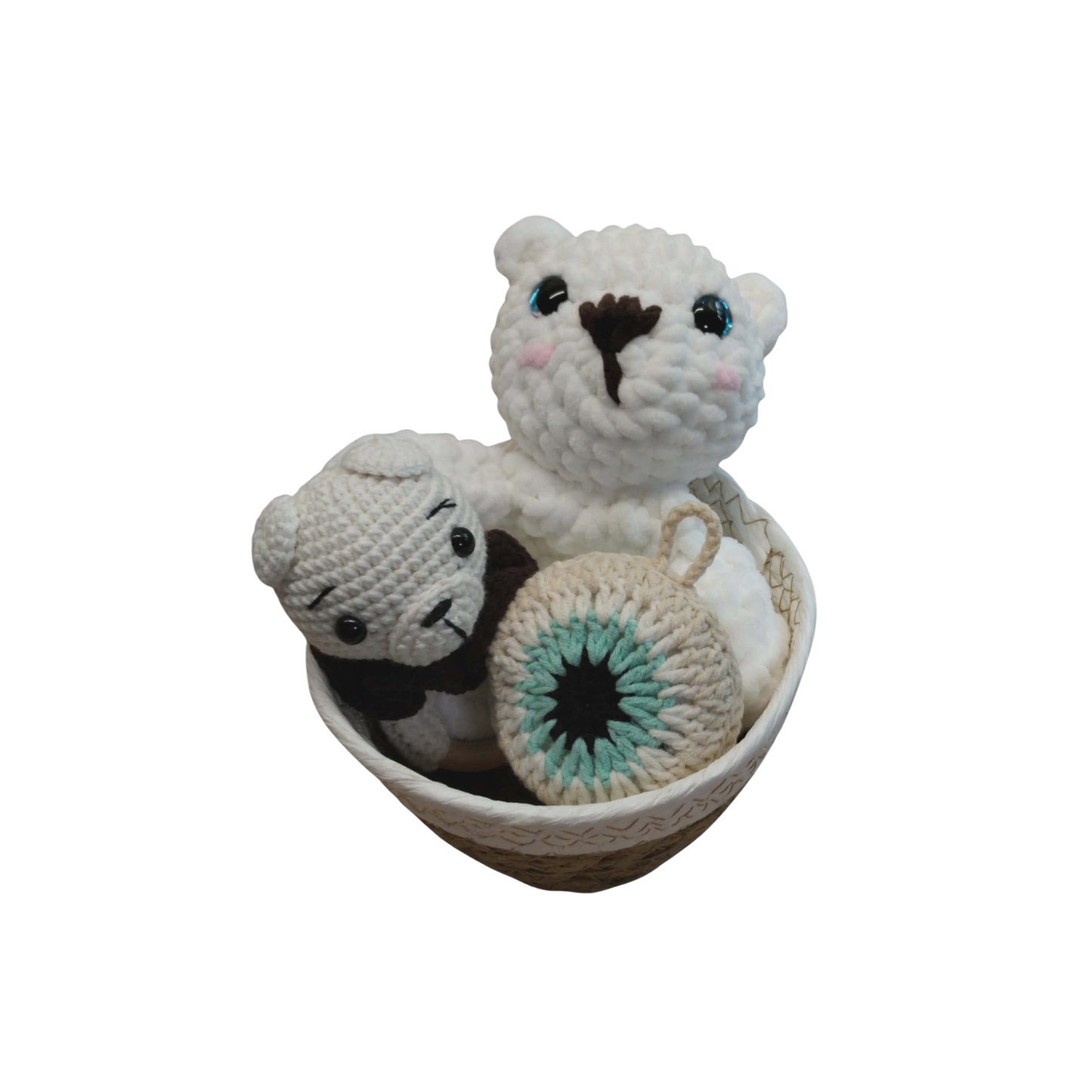 Little Love Set – Snow Bear | Χειροποίητο σετ δώρου νεογέννητου με νάνι, κουδουνίστρα & φυλαχτό