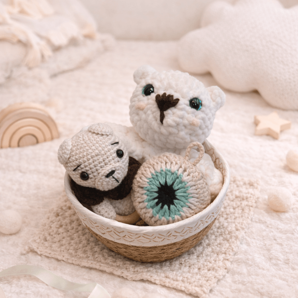 Little Love Set – Snow Bear | Χειροποίητο σετ δώρου νεογέννητου με νάνι, κουδουνίστρα & φυλαχτό