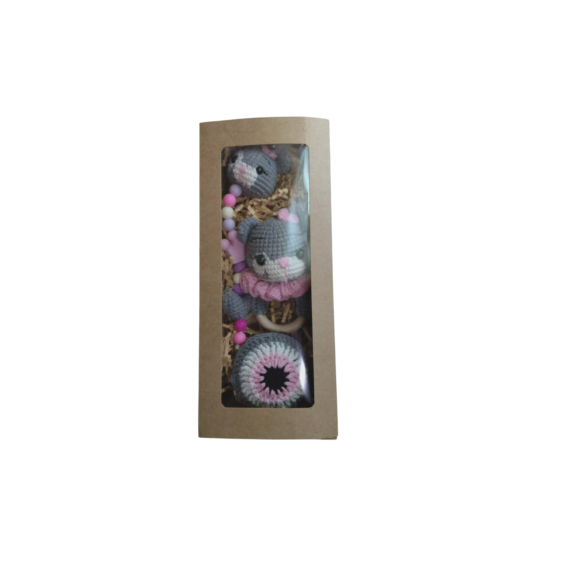 Little Love Set – Pink Kitty | Χειροποίητο σετ δώρου νεογέννητου με κουδουνίστρα, κλιπ πιπίλας & φυλαχτό