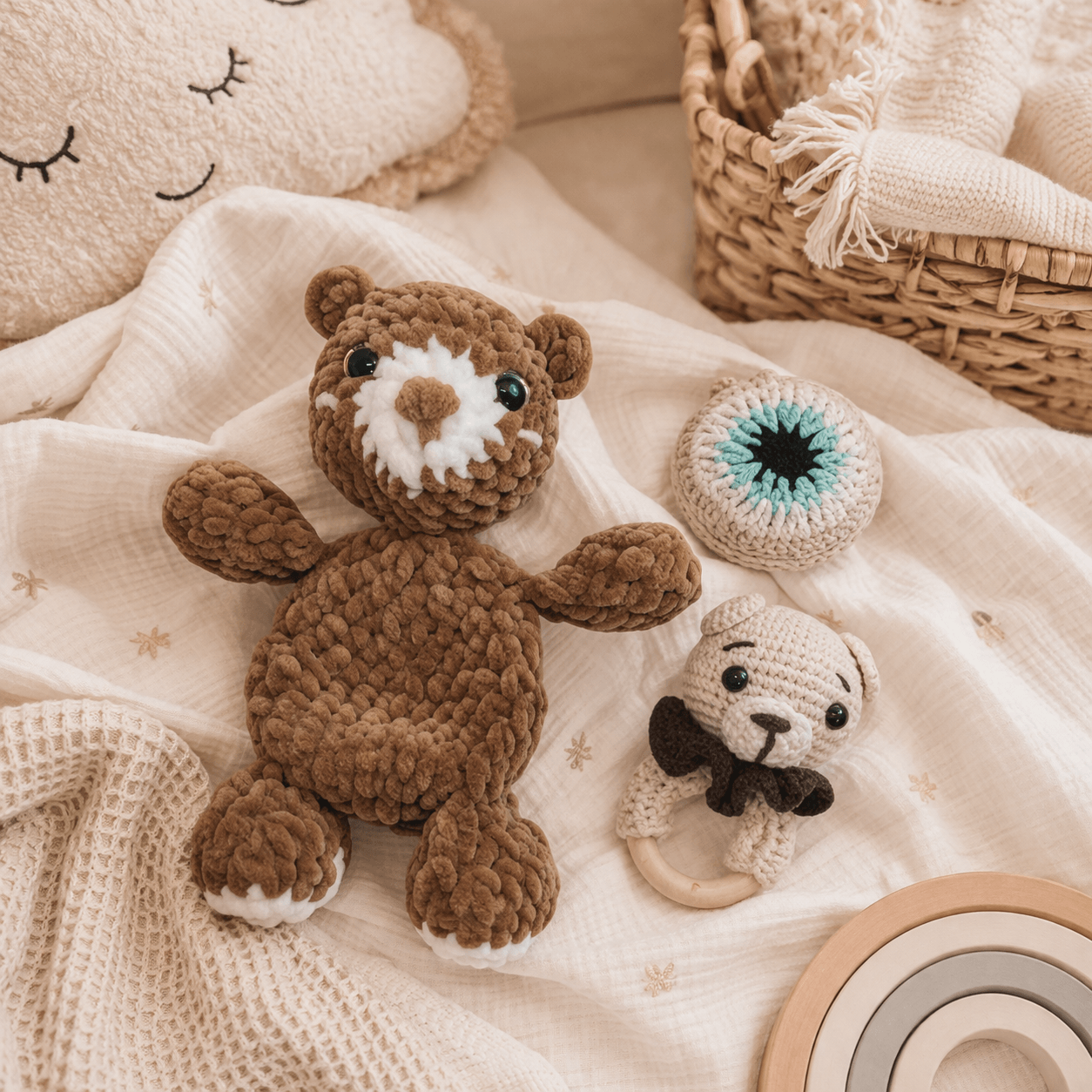 Little Love Set – Cozy Bear | Χειροποίητο σετ δώρου νεογέννητου με νάνι, κουδουνίστρα & φυλαχτό
