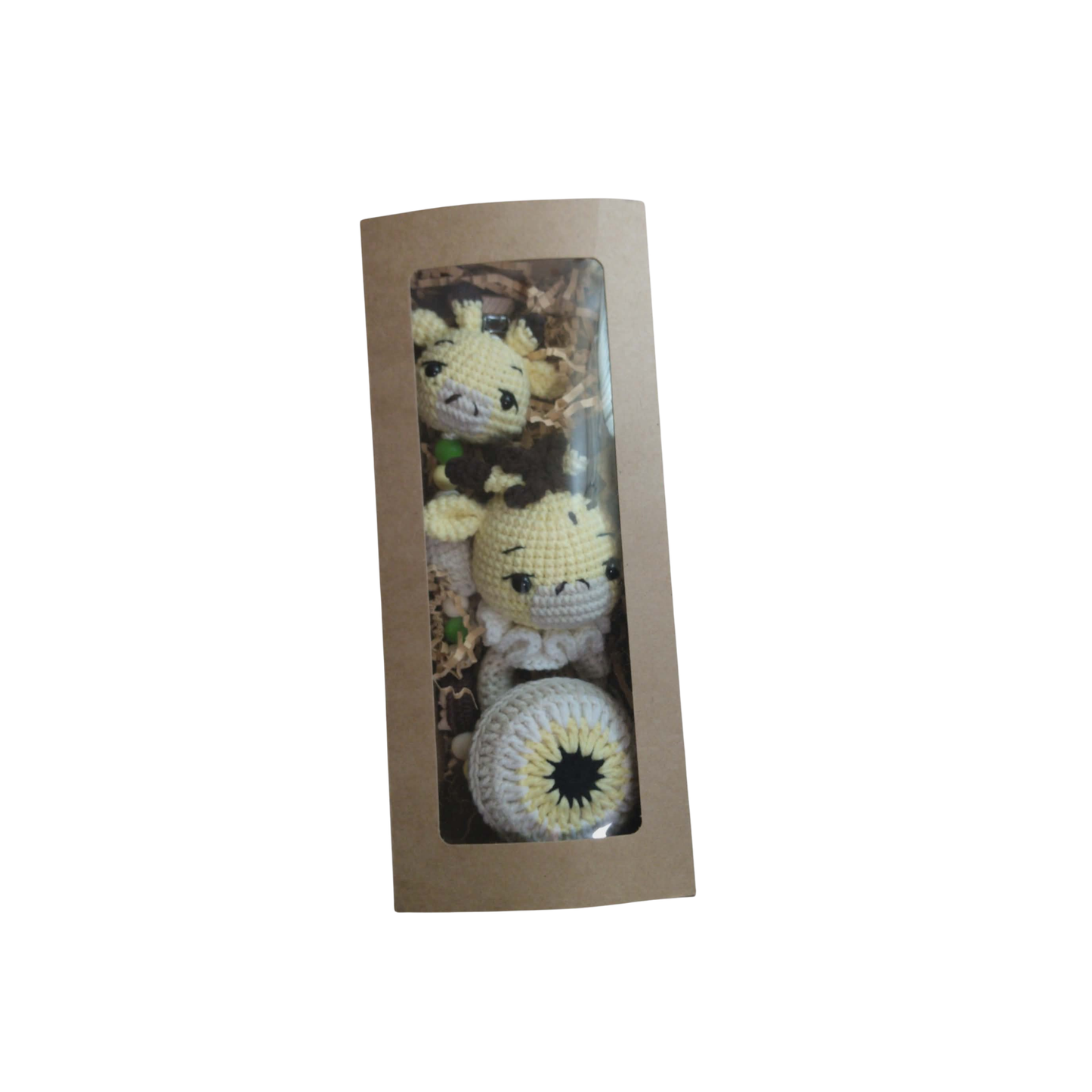 Little Love Set – Gentle Giraffe | Χειροποίητο σετ δώρου νεογέννητου με κουδουνίστρα, κλιπ πιπίλας & φυλαχτό