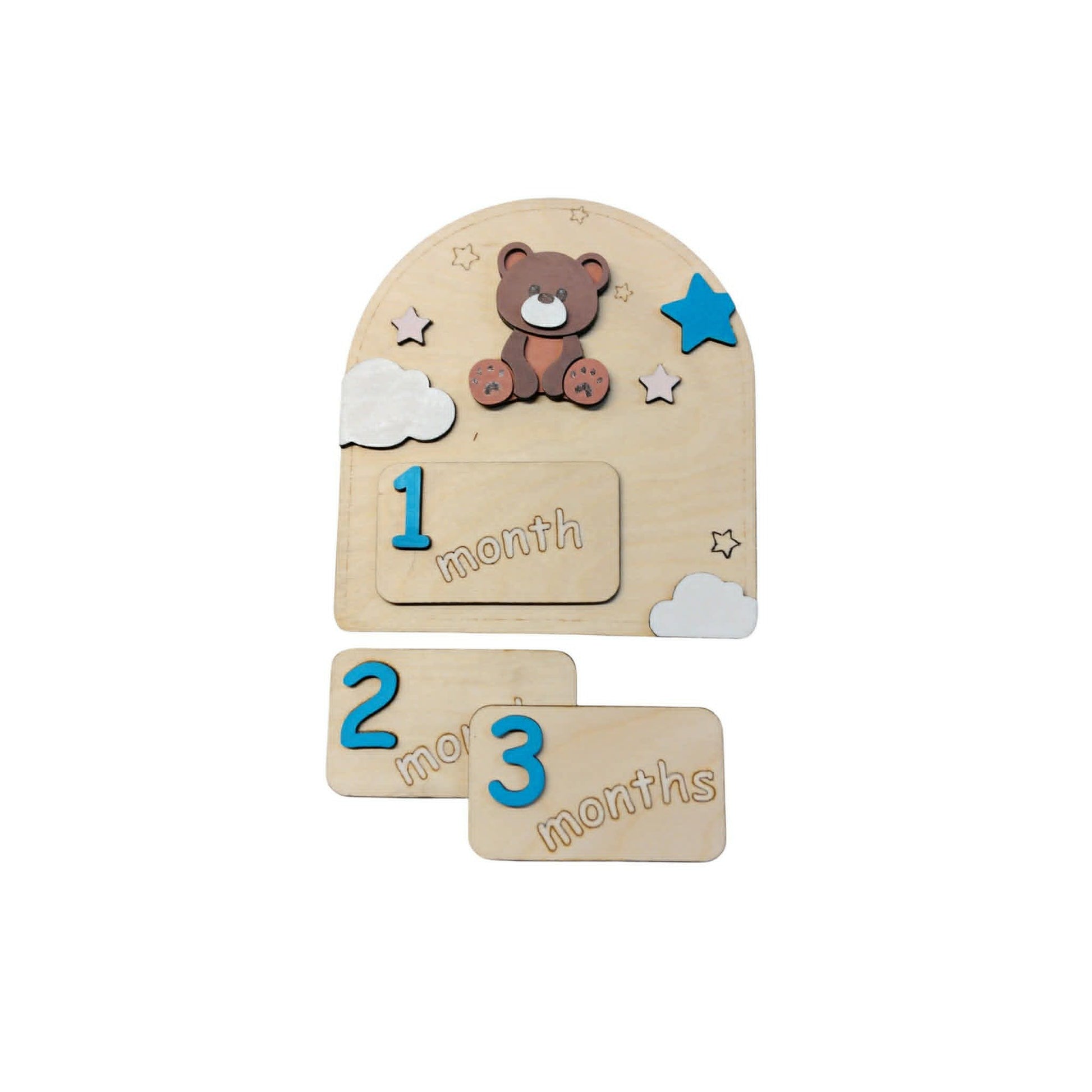 Ξύλινο Milestone Board με Αρκουδάκι & Εναλλάξιμες Κάρτες Μηνών | 1-11 Μηνών & 1 Έτους | Συσκευασία Δώρου