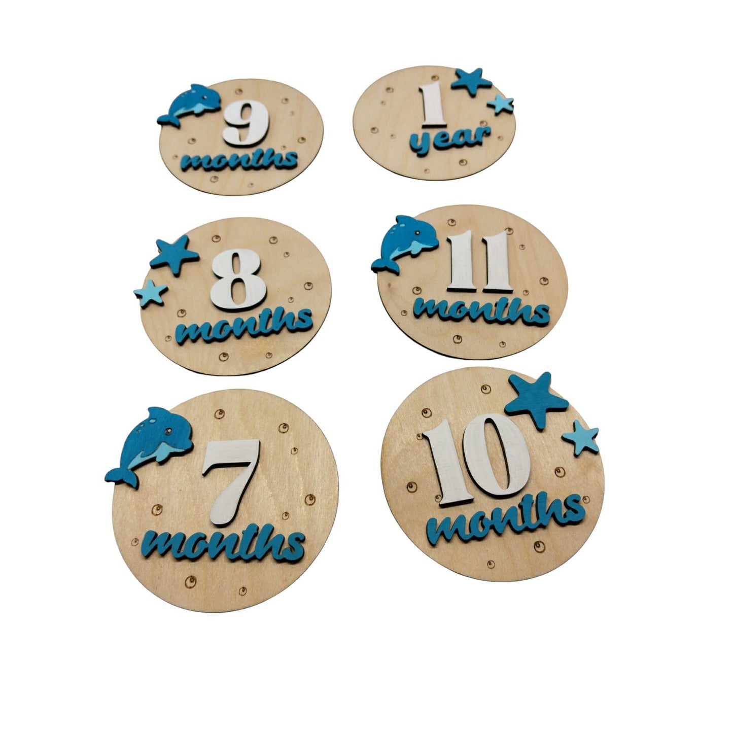 Ξύλινα Milestone Cards με Δελφινάκι – Κάρτες Ορόσημων Μωρού 1-11 Μηνών & ενός έτους
