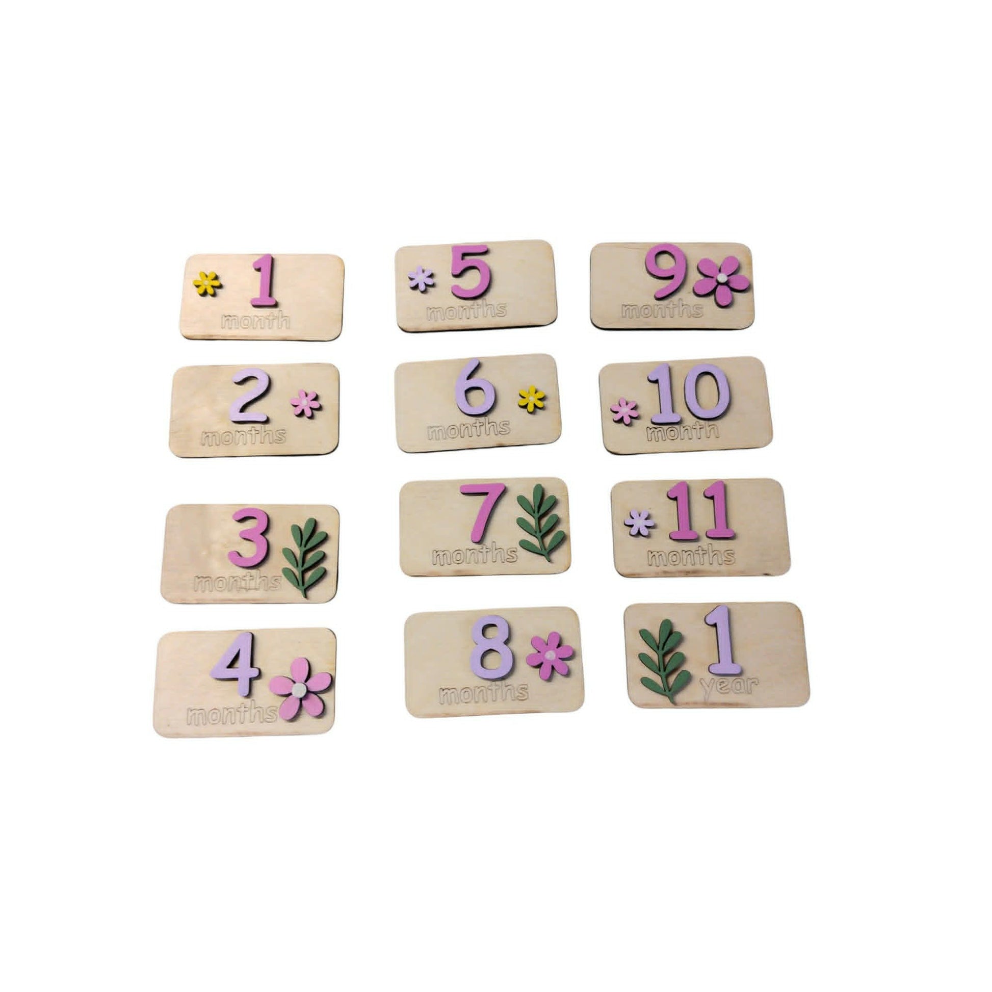 Ξύλινο Milestone Board με Εναλλάξιμες Κάρτες Μηνών – Flowers Collection | 1-11 Μηνών & 1 Έτους | Συσκευασία Δώρου