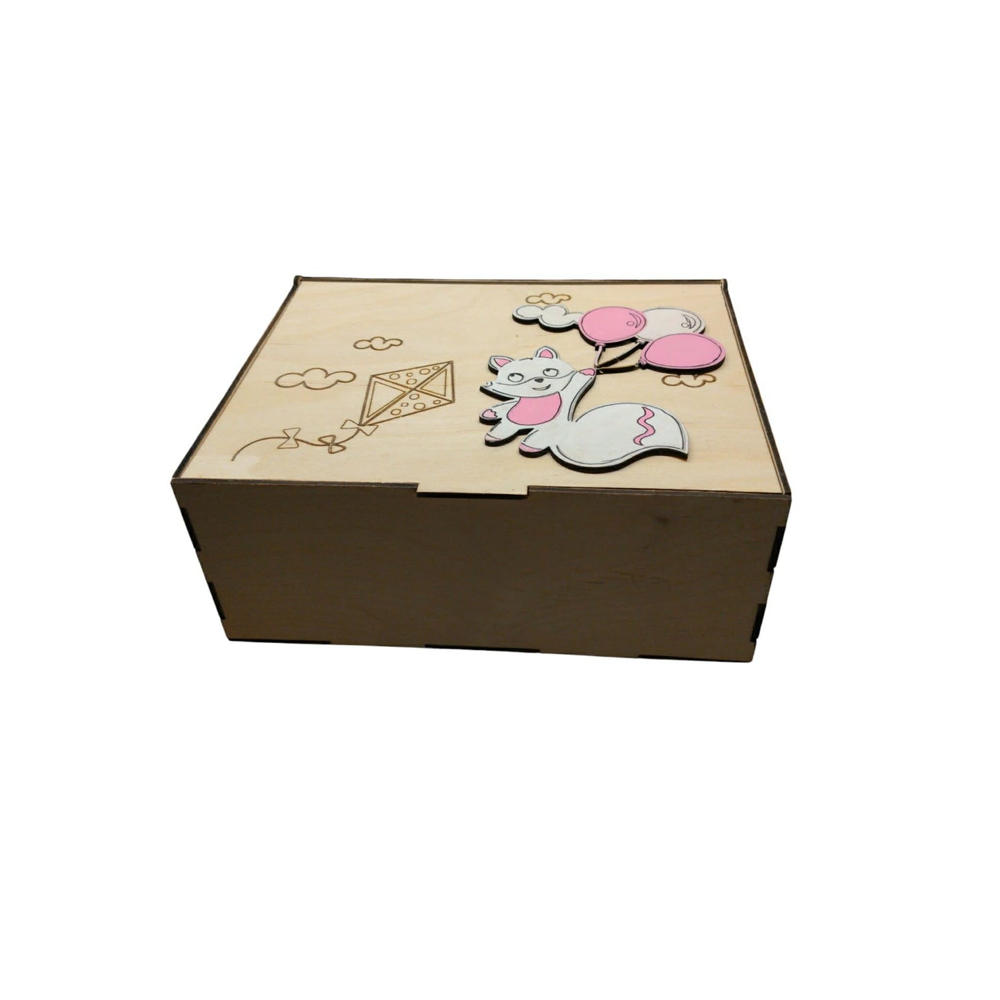 Προσωποποιημένο Memory Box με Αλεπουδίτσα και Μπαλόνια- Ξύλινο Κουτί Αναμνήσεων