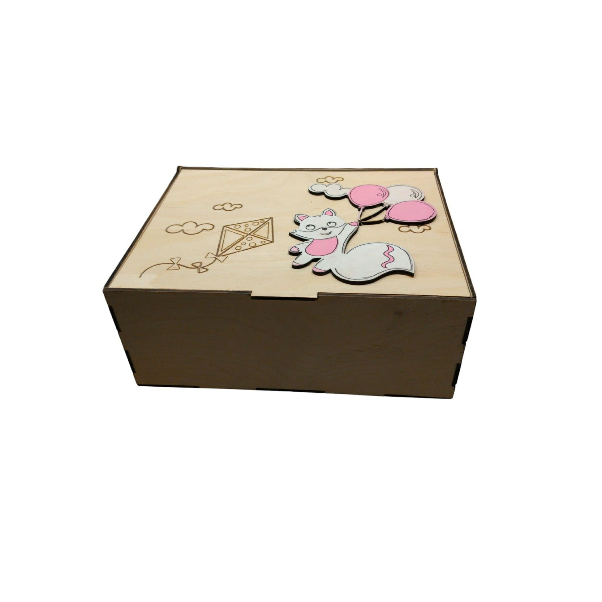 Προσωποποιημένο Memory Box με Αλεπουδίτσα και Μπαλόνια- Ξύλινο Κουτί Αναμνήσεων