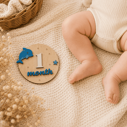 Ξύλινα Milestone Cards με Δελφινάκι – Κάρτες Ορόσημων Μωρού 1-11 Μηνών & ενός έτους