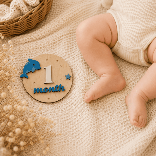 Ξύλινα Milestone Cards με Δελφινάκι – Κάρτες Ορόσημων Μωρού 1-11 Μηνών & ενός έτους