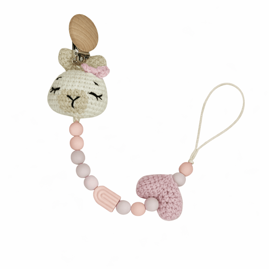 Χειροποίητο Κλιπ Πιπίλας με Πλεκτή Λάμα & Ροζ Χάντρες Σιλικόνης | Happy Love Creation