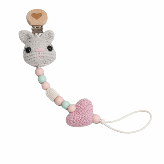Χειροποίητο Κλιπ Πιπίλας με Πλεκτό Κουνελάκι & Παστέλ Χάντρες | Happy Love Creation