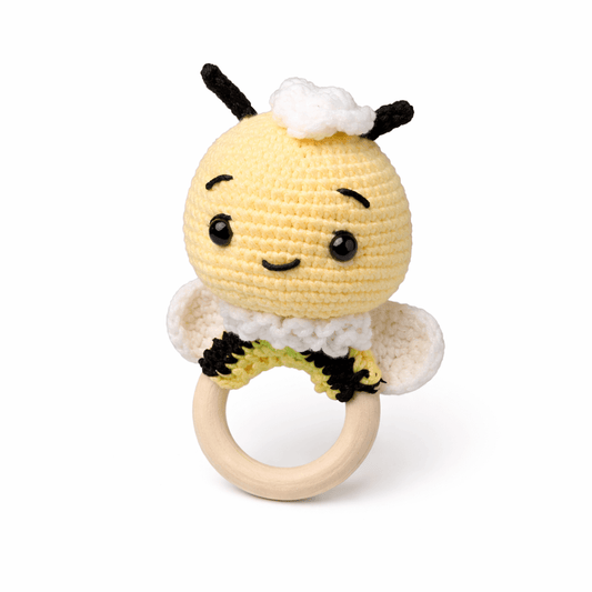Χειροποίητη Κουδουνίστρα – Μασητικό Μελισσάκι με Ξύλινο Κρίκο | Happy Love Creation