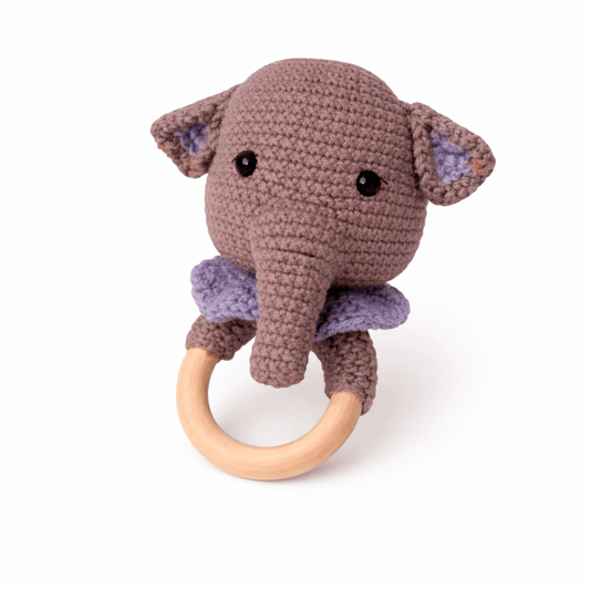 Χειροποίητη Κουδουνίστρα – Μασητικό Ελεφαντάκι με Ξύλινο Κρίκο | Happy Love Creation