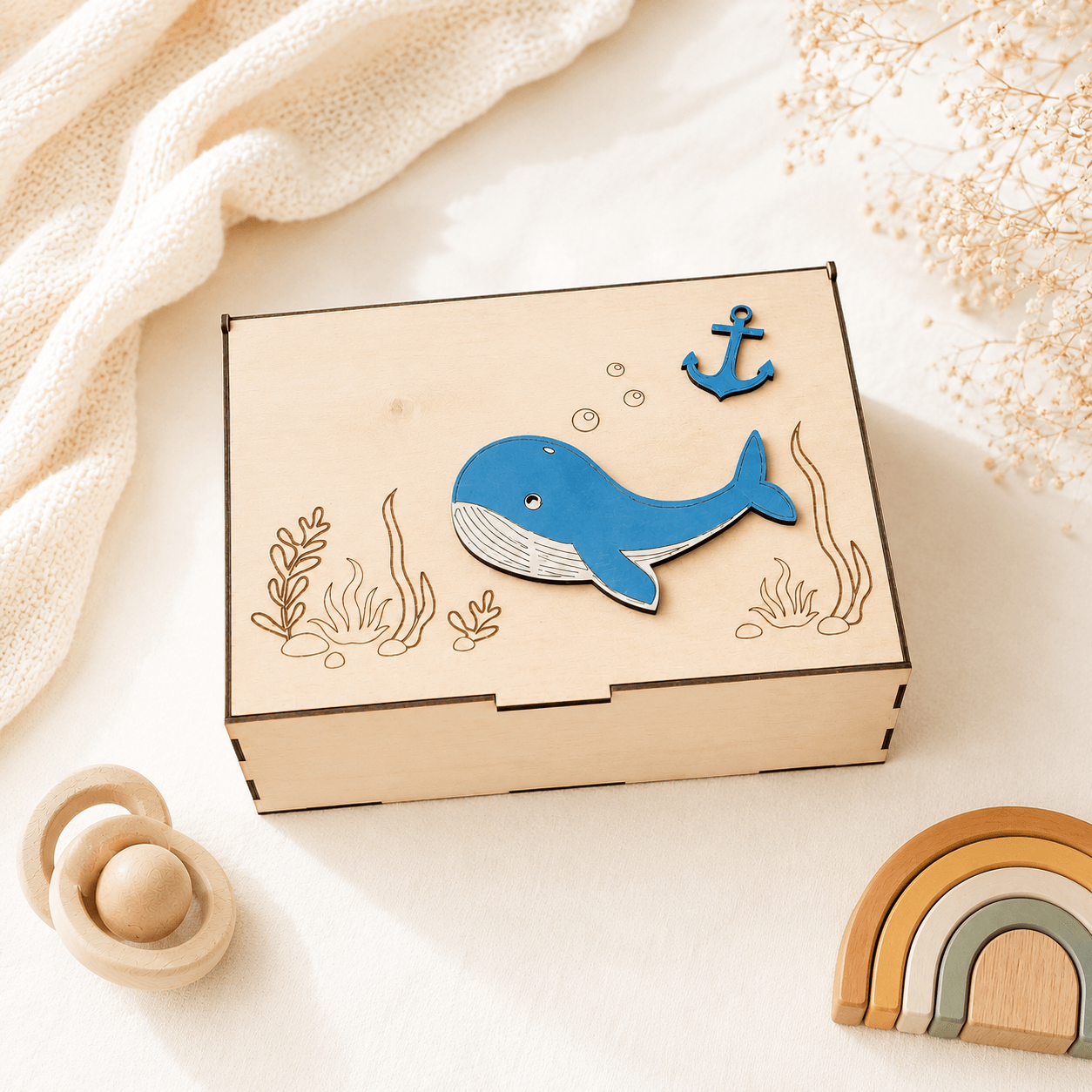 Ξύλινο Memory Box με Φαλαινάκι – Προσωποποιημένο Κουτί Αναμνήσεων για Νεογέννητο