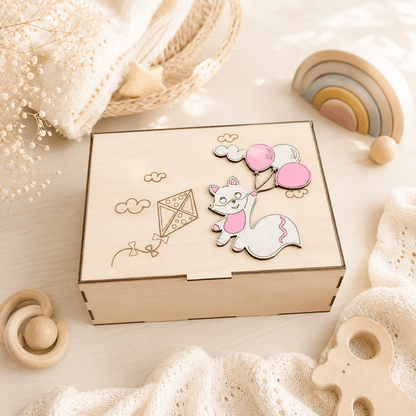 Προσωποποιημένο Memory Box με Αλεπουδίτσα και Μπαλόνια- Ξύλινο Κουτί Αναμνήσεων