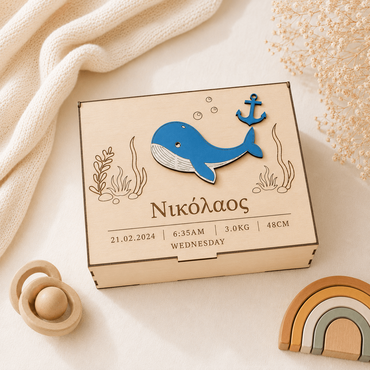 Ξύλινο Memory Box με Φαλαινάκι – Προσωποποιημένο Κουτί Αναμνήσεων για Νεογέννητο