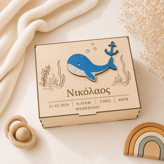 Ξύλινο Memory Box με Φαλαινάκι – Προσωποποιημένο Κουτί Αναμνήσεων για Νεογέννητο