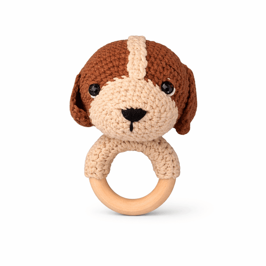 Πλεκτό Μασητικό Κουταβάκι με Ξύλινο Κρίκο | Happy Love Creation