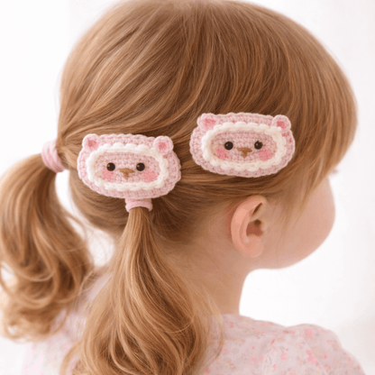 Χειροποίητα Πλεκτά Τσιμπιδάκια Μαλλιών «Pink Teddy» (Σετ 2 τεμ.)-Happy Love Creation