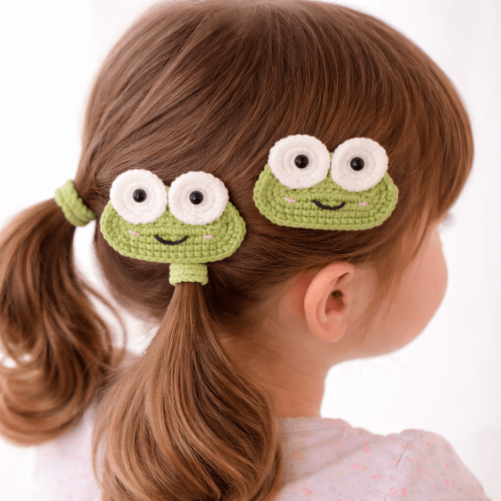 Χειροποίητα Πλεκτά Τσιμπιδάκια Μαλλιών «Happy Frog» – Σετ 2 τεμ.-Happy Love Creation