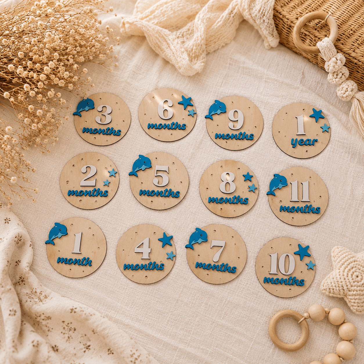 Ξύλινα Milestone Cards με Δελφινάκι – Κάρτες Ορόσημων Μωρού 1-11 Μηνών & ενός έτους