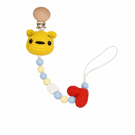 Χειροποίητο Κλιπ Πιπίλας με Πλεκτό Αρκουδάκι & Χάντρες Σιλικόνης | Happy Love Creation