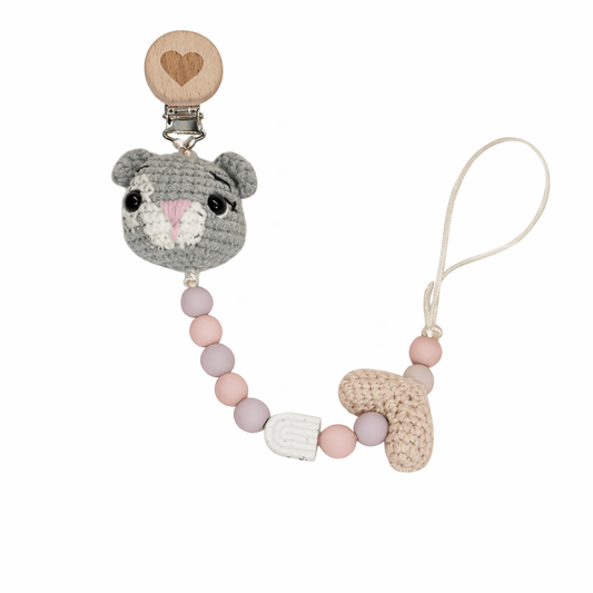 Χειροποίητο κλιπ πιπίλας με πλεκτή γατούλα-Happy Love Creation