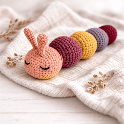 Χειροποίητη Πλεκτή Κουδουνίστρα Κάμπια Amigurumi | Happy Love Creation