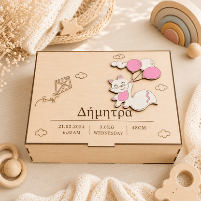 Προσωποποιημένο Memory Box με Αλεπουδίτσα και Μπαλόνια- Ξύλινο Κουτί Αναμνήσεων