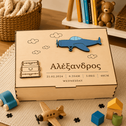 Προσωποποιημένο Ξύλινο Memory Box με Αεροπλανάκι & Στοιχεία Γέννησης