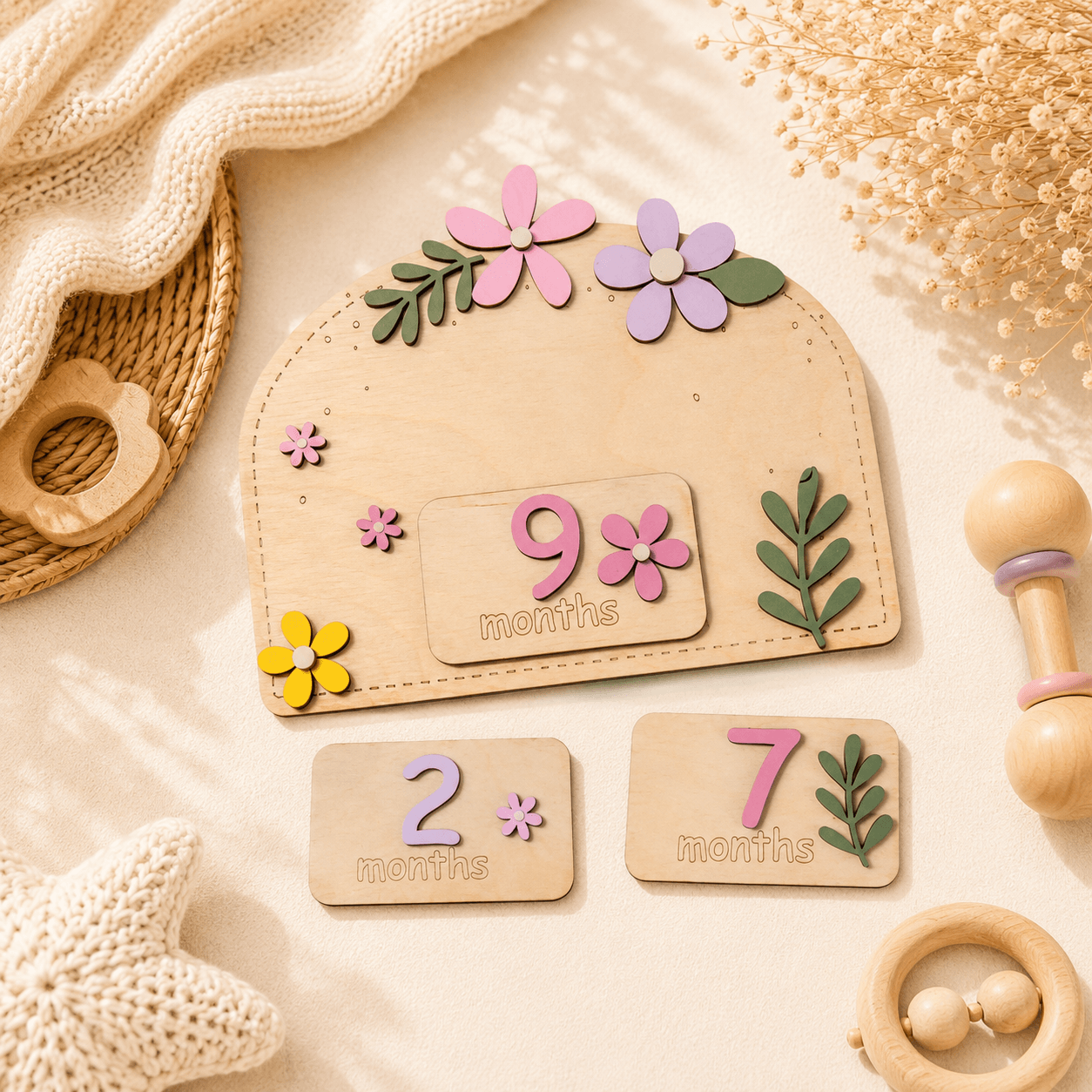 Ξύλινο Milestone Board με Εναλλάξιμες Κάρτες Μηνών – Flowers Collection | 1-11 Μηνών & 1 Έτους | Συσκευασία Δώρου