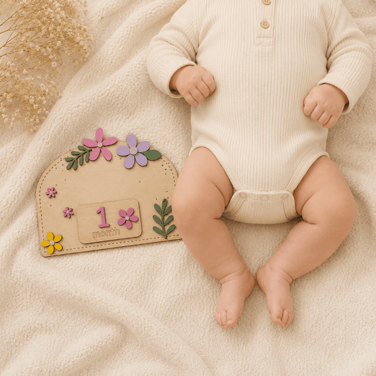 Ξύλινο Milestone Board με Εναλλάξιμες Κάρτες Μηνών – Flowers Collection | 1-11 Μηνών & 1 Έτους | Συσκευασία Δώρου