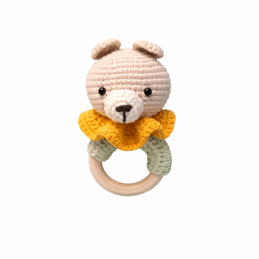 Πλεκτό Μασητικό Αρκουδάκι με Ξύλινο Κρίκο | Happy Love Creation