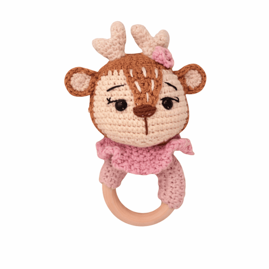 Πλεκτό Μασητικό Ελαφάκι με Ξύλινο Κρίκο | Happy Love Creation