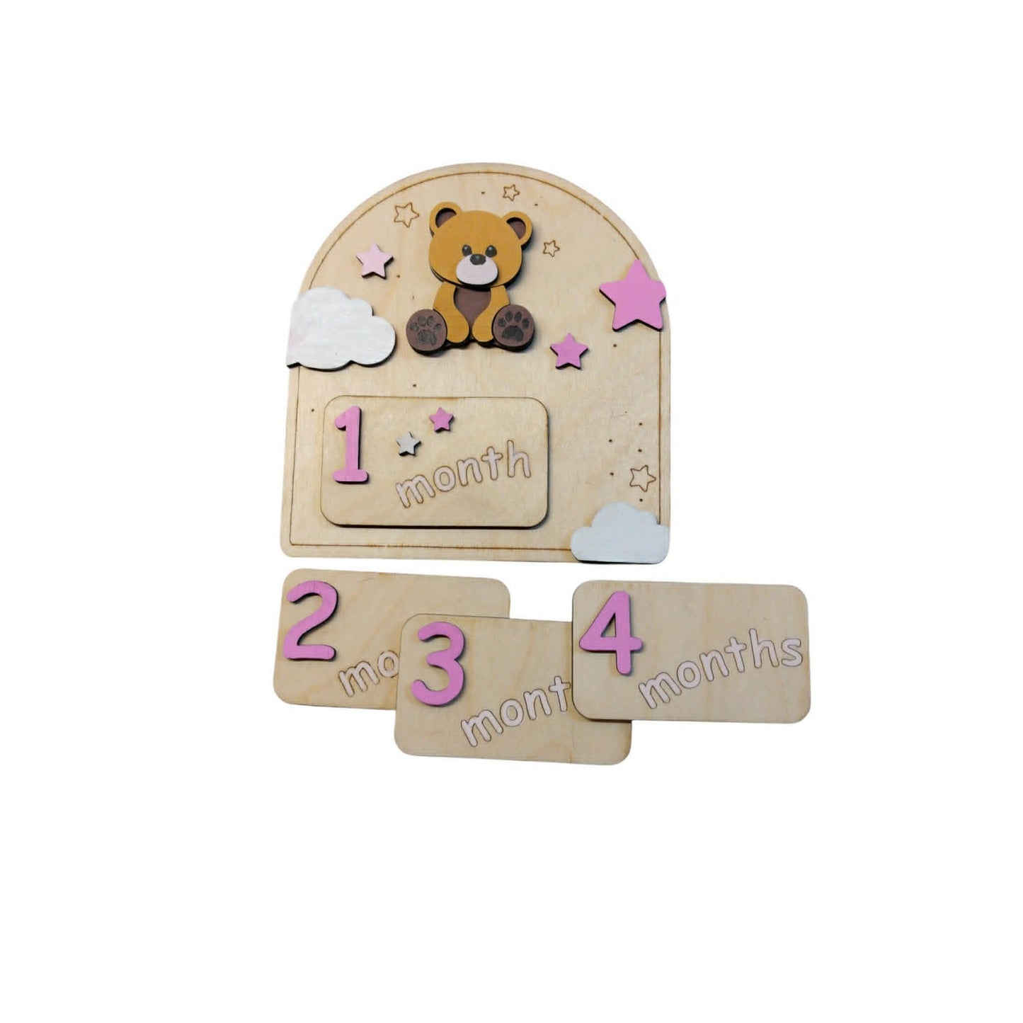 Ξύλινο Milestone Board με Αρκουδάκι Ροζ & Εναλλάξιμες Κάρτες Μηνών | 1-11 Μηνών & 1 Έτους | Συσκευασία Δώρου