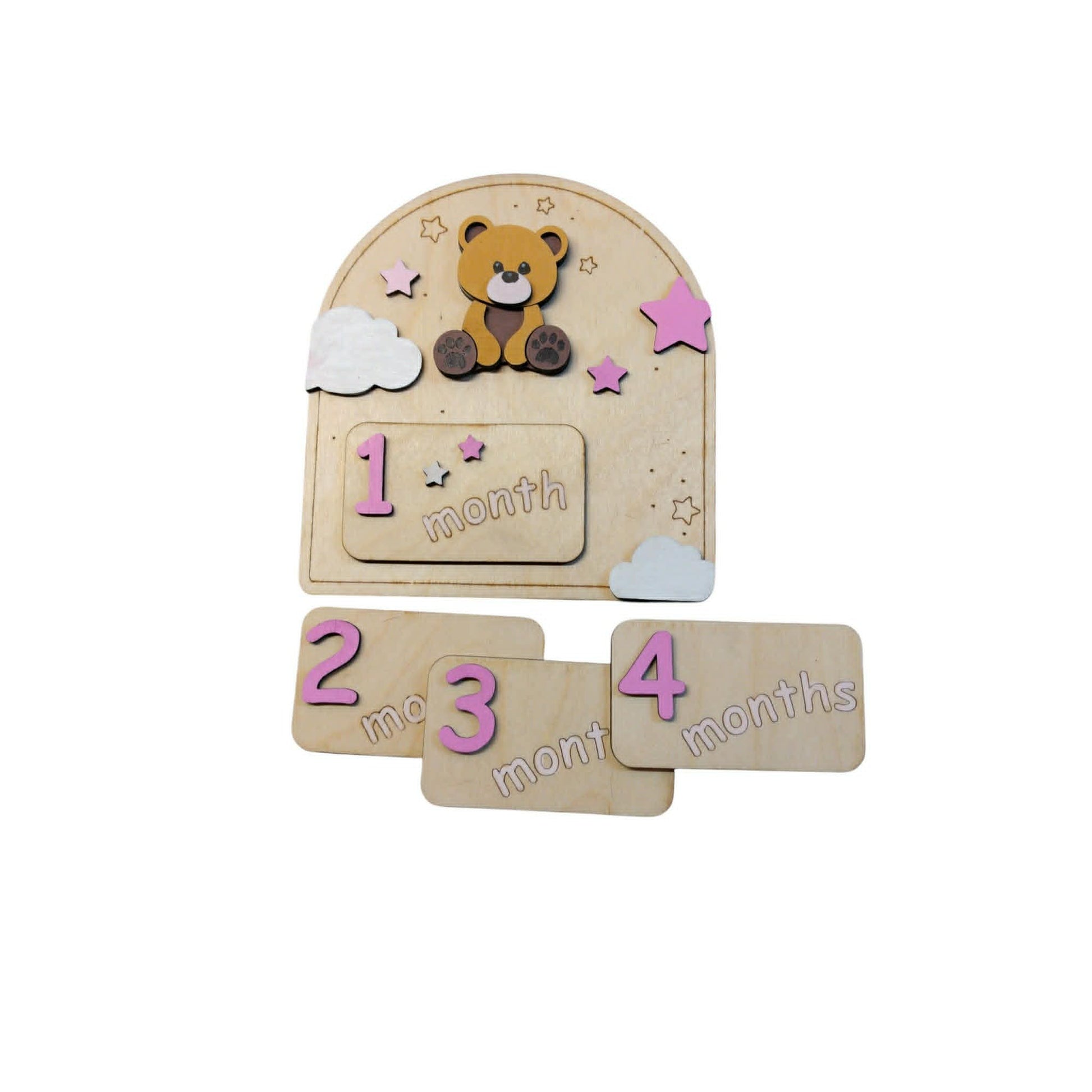 Ξύλινο Milestone Board με Αρκουδάκι Ροζ & Εναλλάξιμες Κάρτες Μηνών | 1-11 Μηνών & 1 Έτους | Συσκευασία Δώρου