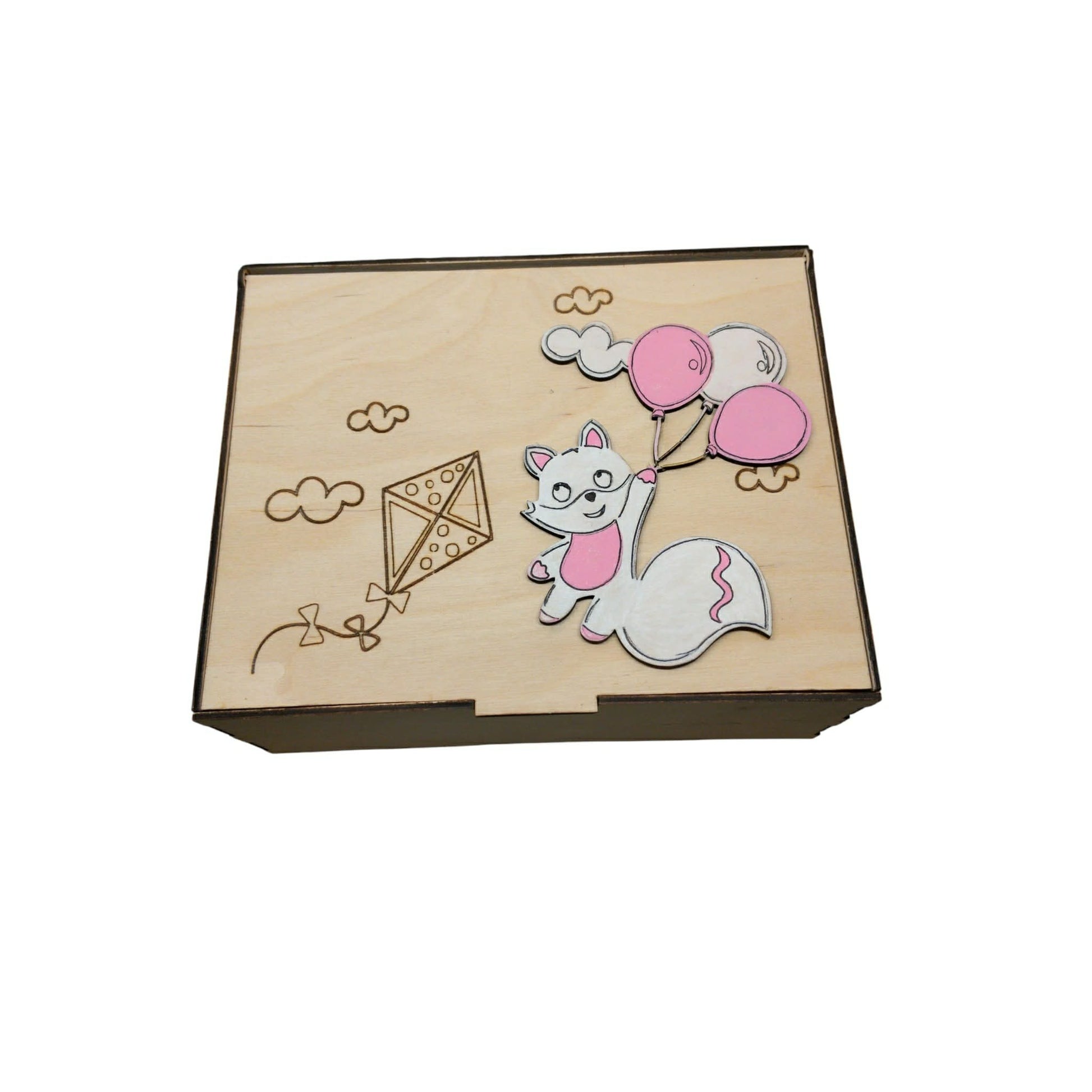 Προσωποποιημένο Memory Box με Αλεπουδίτσα και Μπαλόνια- Ξύλινο Κουτί Αναμνήσεων