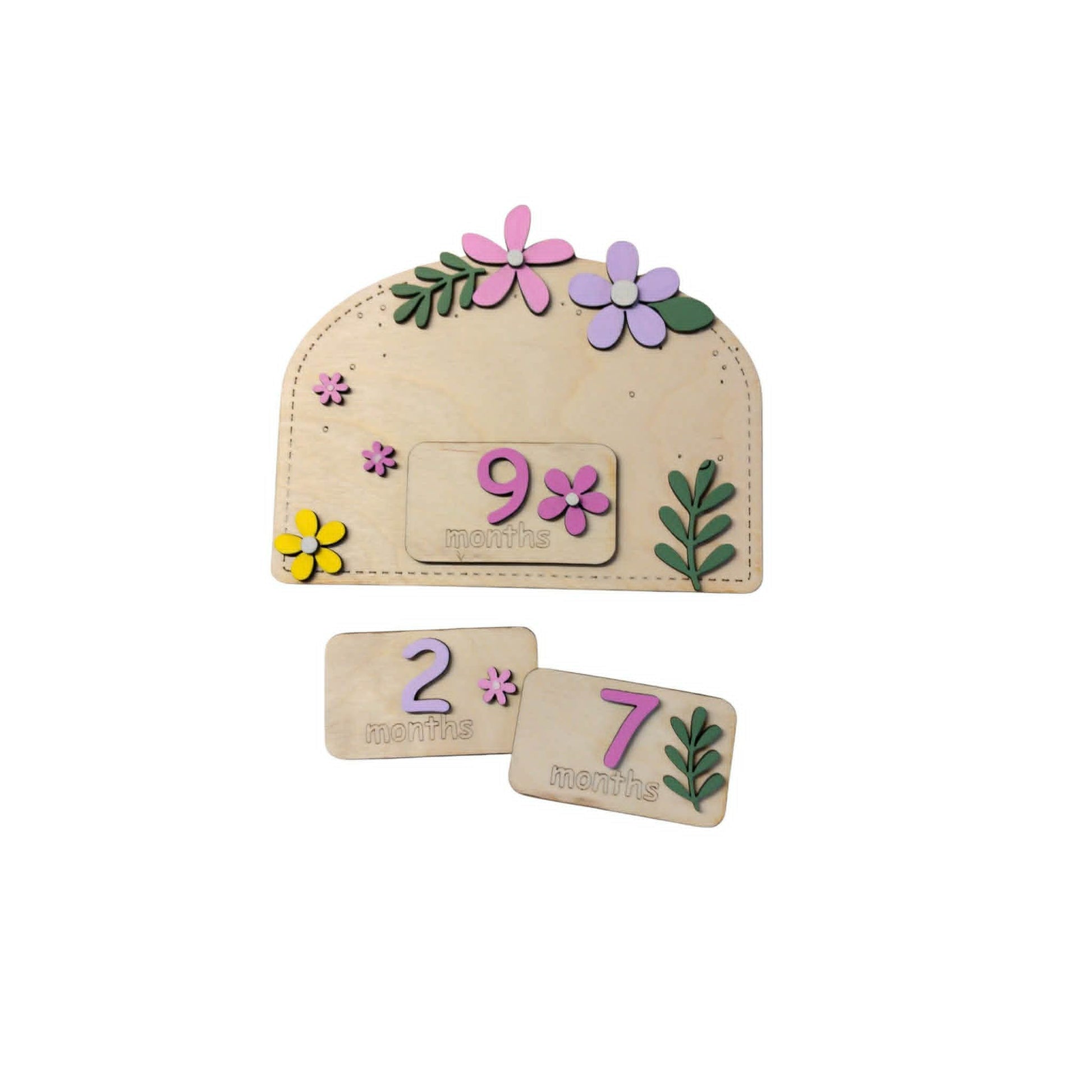 Ξύλινο Milestone Board με Εναλλάξιμες Κάρτες Μηνών – Flowers Collection | 1-11 Μηνών & 1 Έτους | Συσκευασία Δώρου