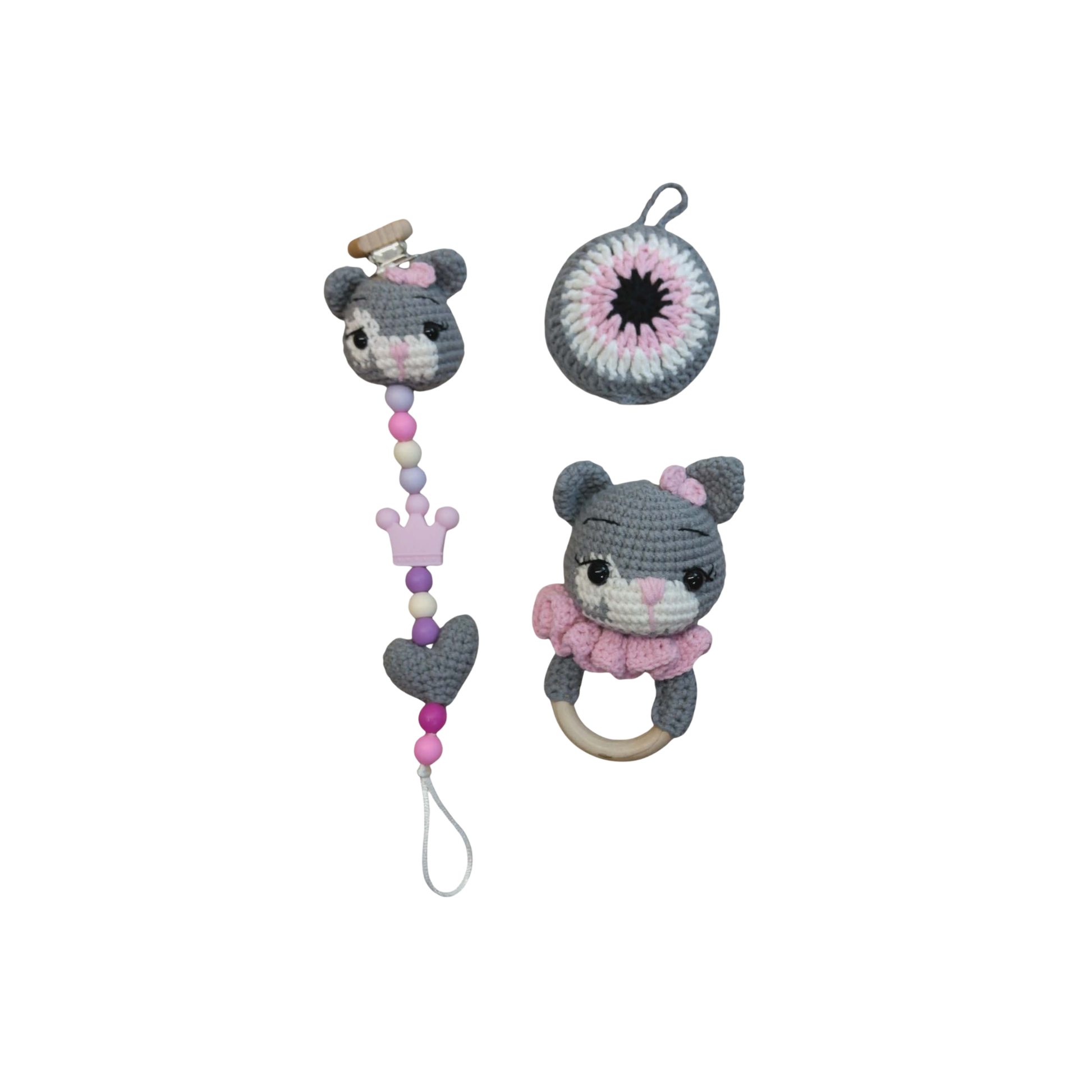 Little Love Set – Pink Kitty | Χειροποίητο σετ δώρου νεογέννητου με κουδουνίστρα, κλιπ πιπίλας & φυλαχτό