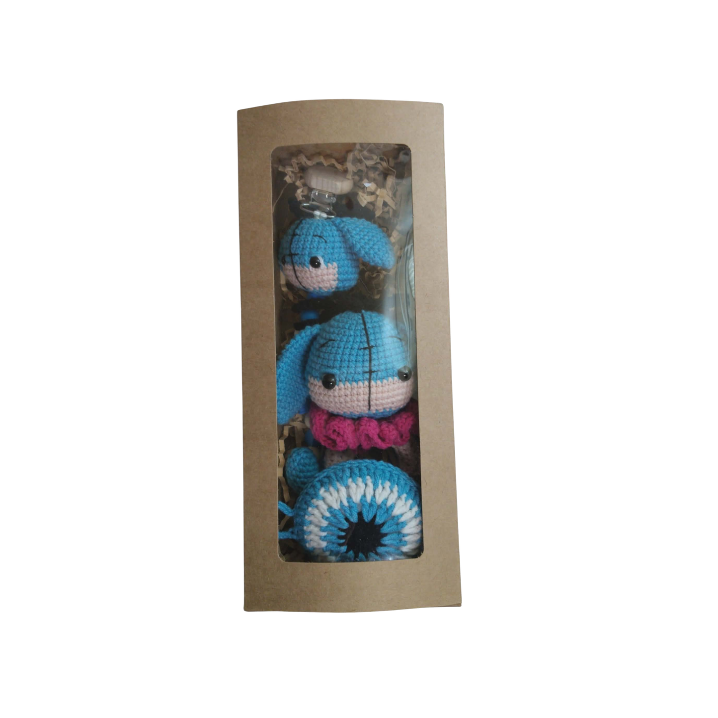 Little Love Set – Blue Calm | Χειροποίητο σετ δώρου νεογέννητου με κουδουνίστρα, κλιπ πιπίλας & φυλαχτό
